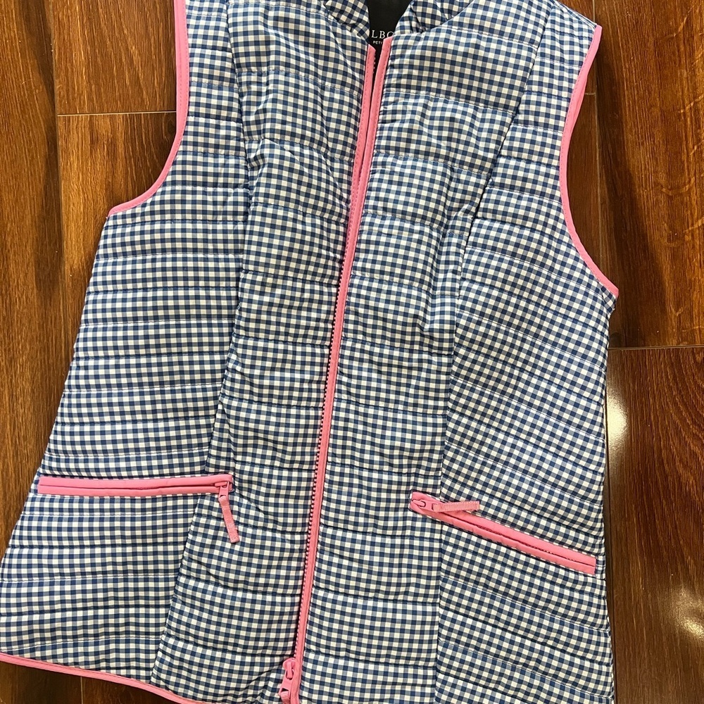 Talbots Navy gingham/Checkered Vest with Pink Trim